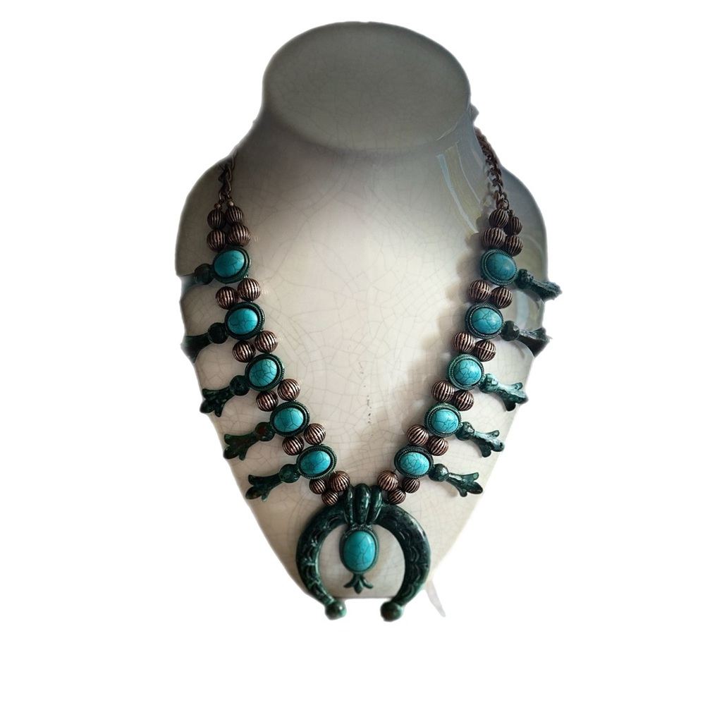 Faux Turquoise & Copper Squash Blossom  Necklace  Heavy Weight Lovely Patena